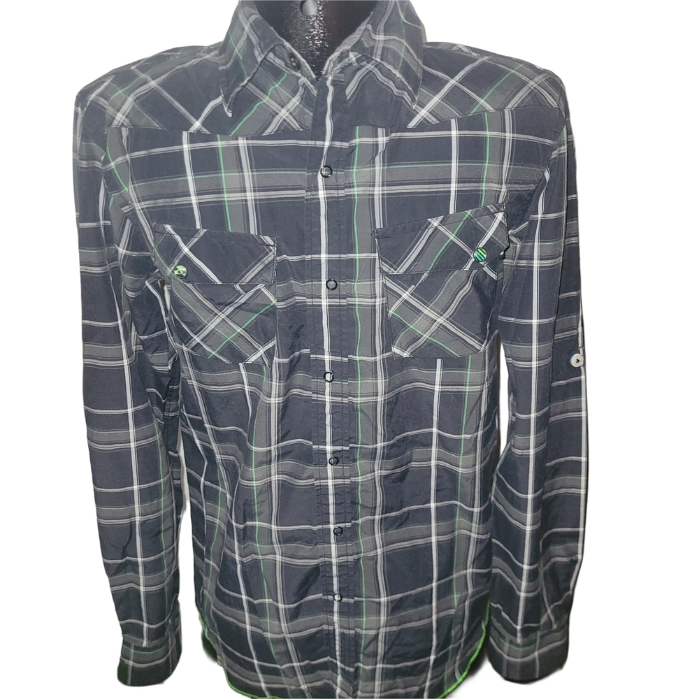 Oakley Men's Black and Green Plaid Snap Button-Up Shirt Size S